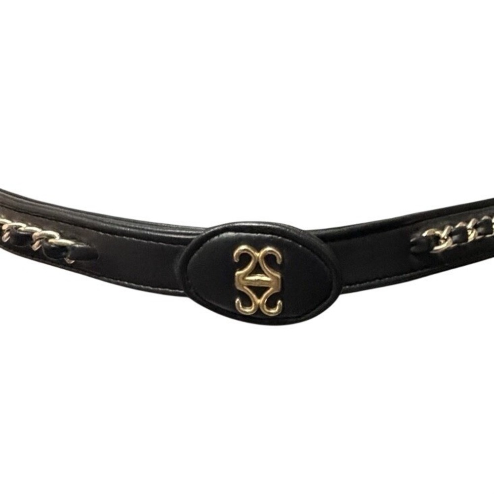 Black Faux Leather Chain Belt Gold Logo Oval‎ Buckle Womens Fashion Accessory